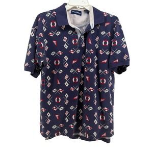 VTG Stars & Stripes Polo Shirt Mens Large Navy Blue Nautical Flag Print‎ Sailing